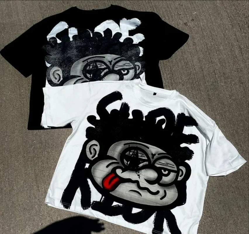 Face Pattern Print Oversized Cotton T-shirt