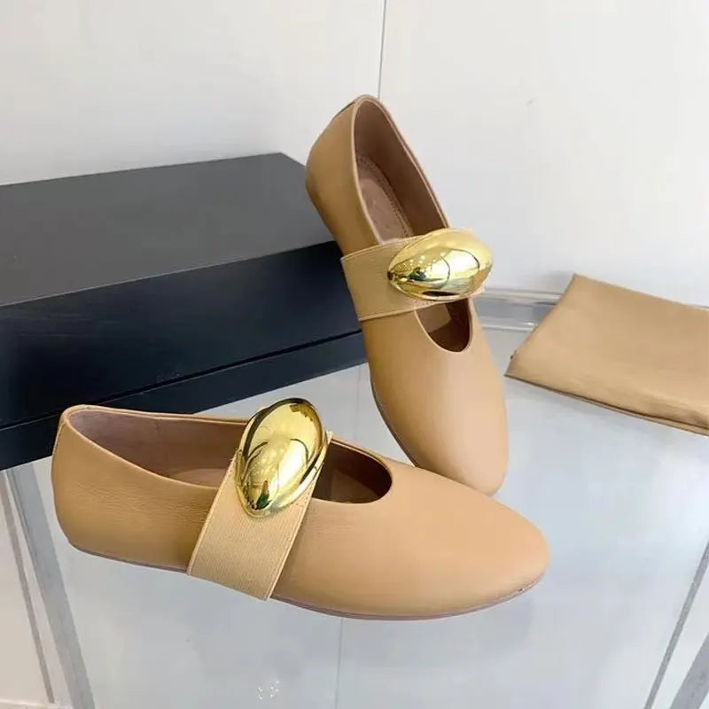 Round Toe Flat Bottomed Mary Jane Leather Oversized Buckle Flat