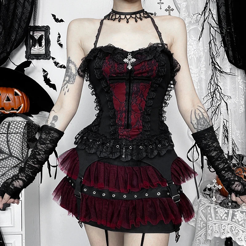 Goth Lace Trim Backless Crop Top