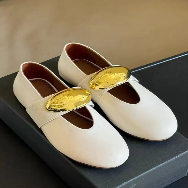 Round Toe Flat Bottomed Mary Jane Leather Oversized Buckle Flat