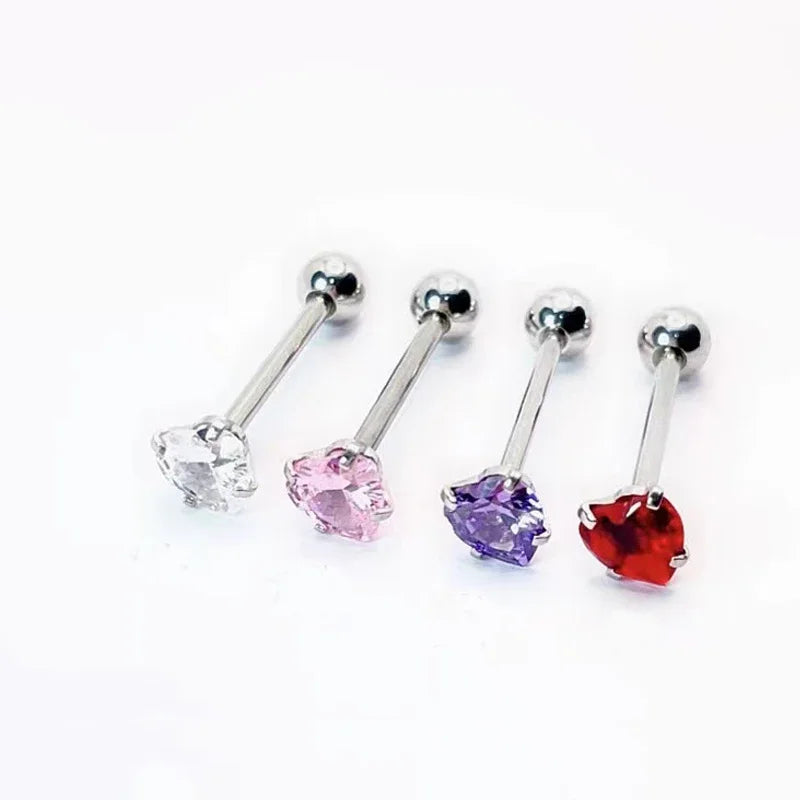 Clear Zircon Heart Barbell Titanium Tongue Ring