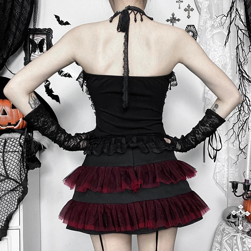 Goth Lace Trim Backless Crop Top