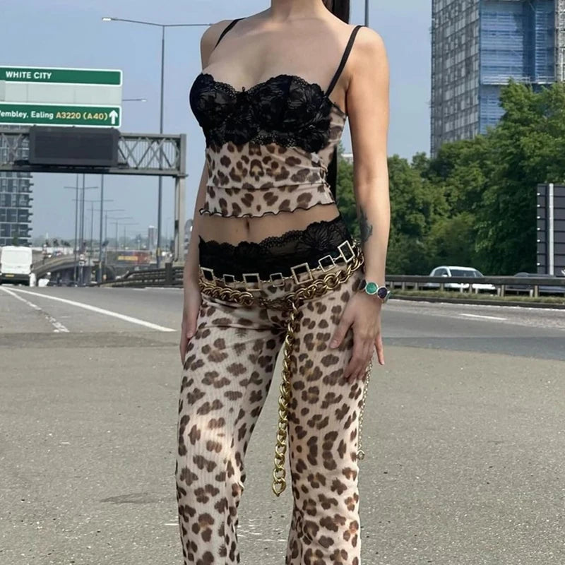 Retro Leopard Pattern Lace Slim Crop Top