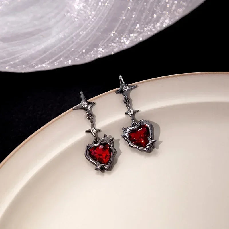 Y2K Goth Heart Cross Red Zircon Tassel Earring