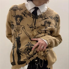 Dark Retro Y2K American Street Hooded Round Neck Loose Knit Sweater