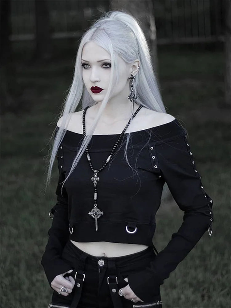 Vintage Punk Gothic Black Crop Hoodie