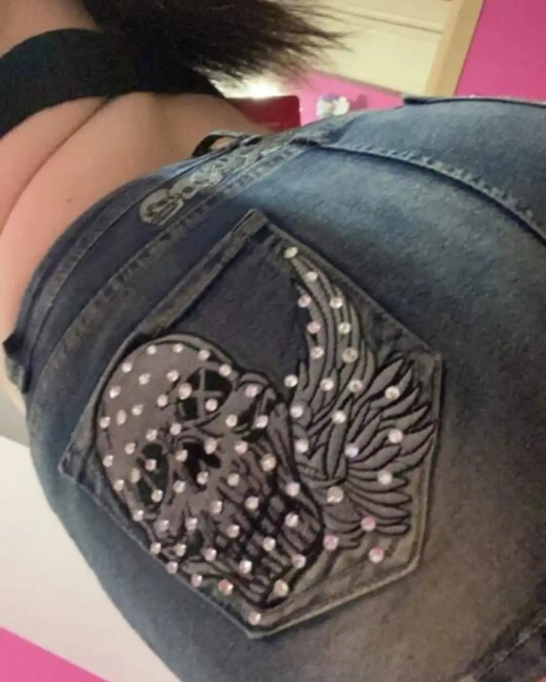 Rhinestone Skull Denim Short