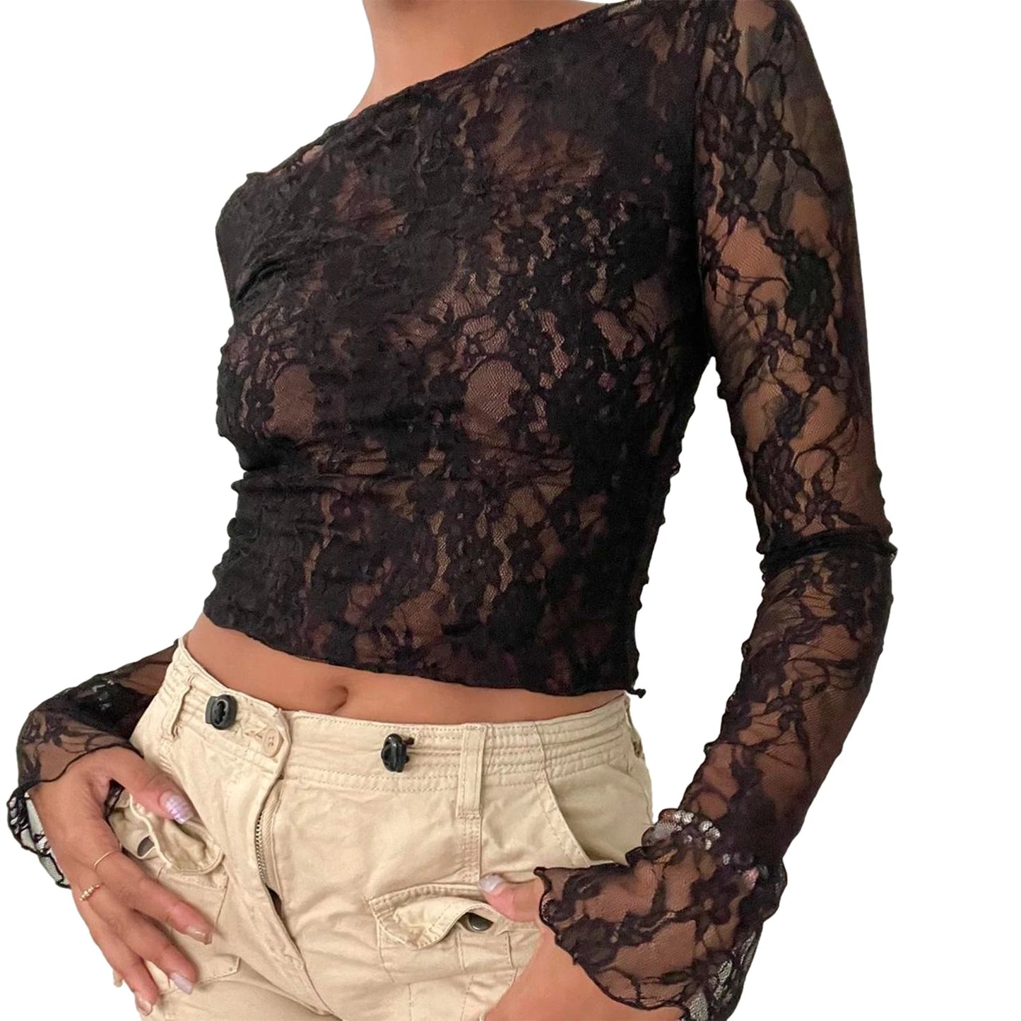 Floral Lace Long Sleeve Y2K Crop Top