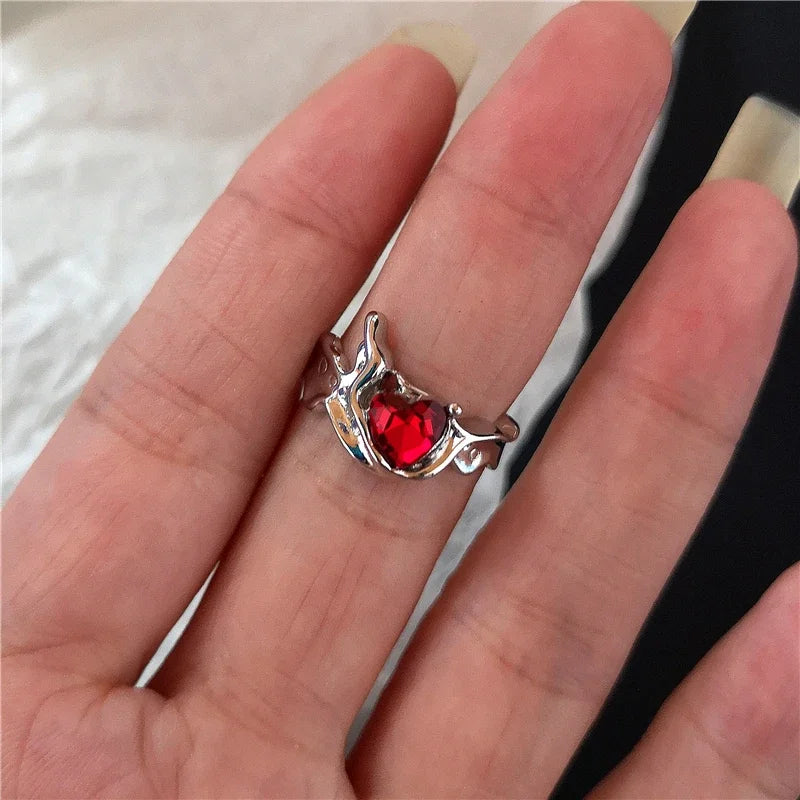 Goth Punk Red Crystal Heart Cross Ring