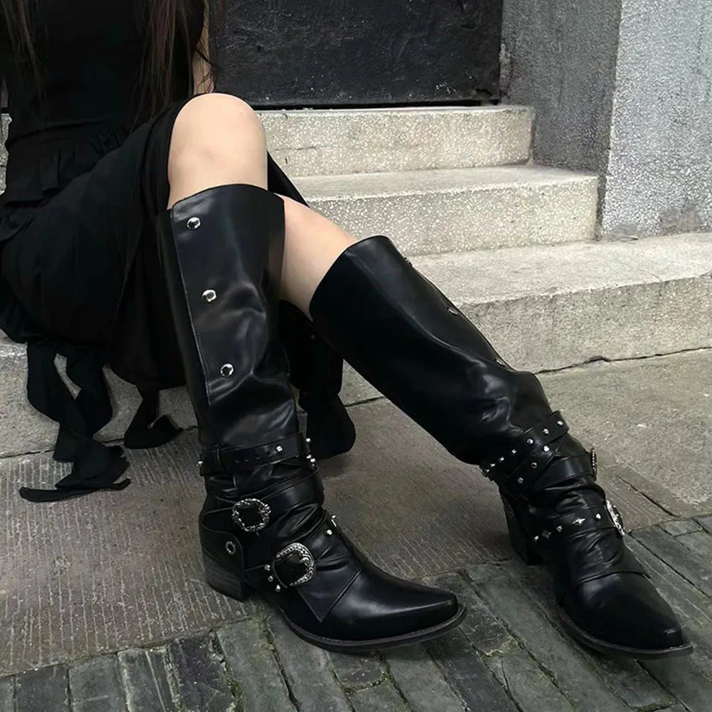 2024 Punk Rivet Knee High Chunky Gothic Boot