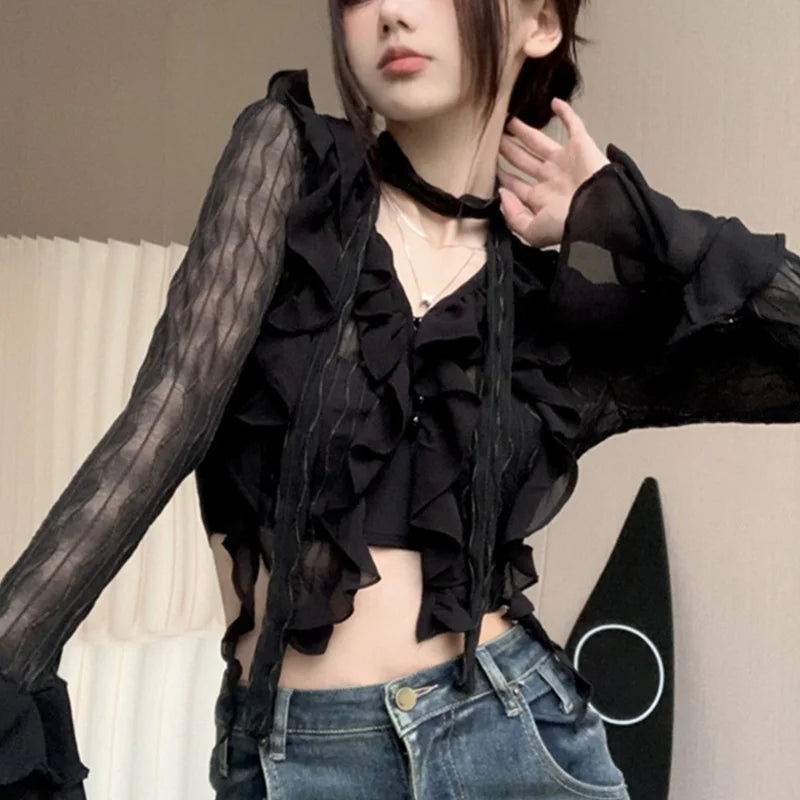 Sheer V-neck Flared Sleeve Blouse