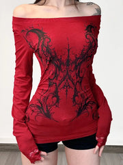 Vintage Gothic Off-shoulder Red Long-sleeve Knit Top