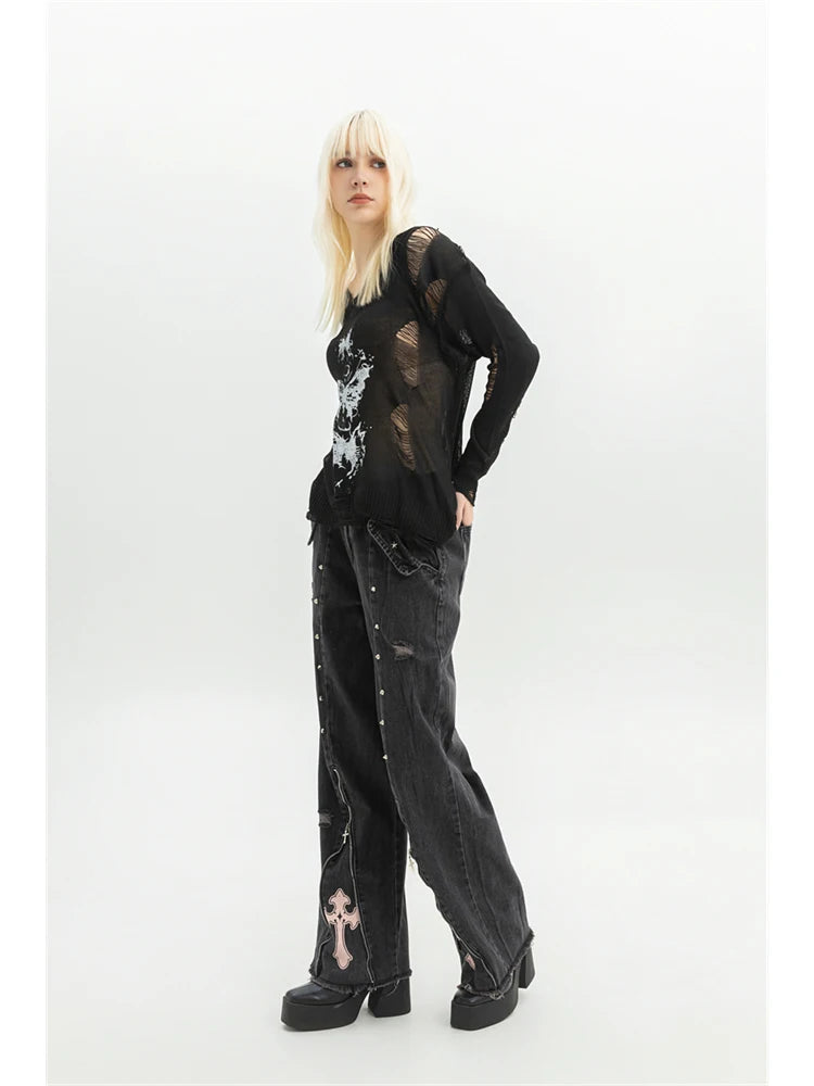 Black Gothic 90s Aesthetic Denim Pant