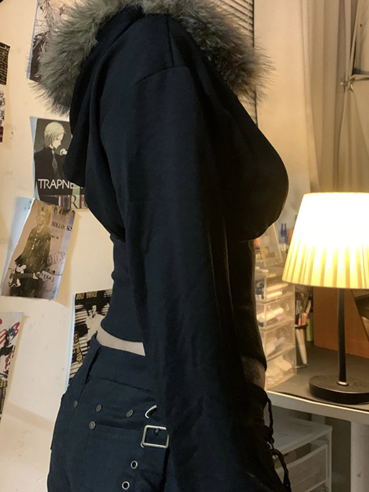 Gothic Cyber Punk Fur Hem Hoodie