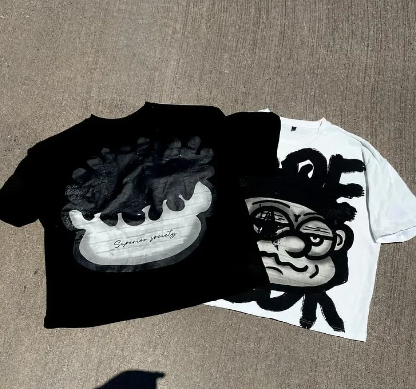 Face Pattern Print Oversized Cotton T-shirt