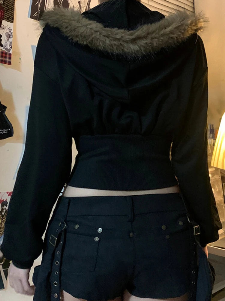 Gothic Cyber Punk Fur Hem Hoodie