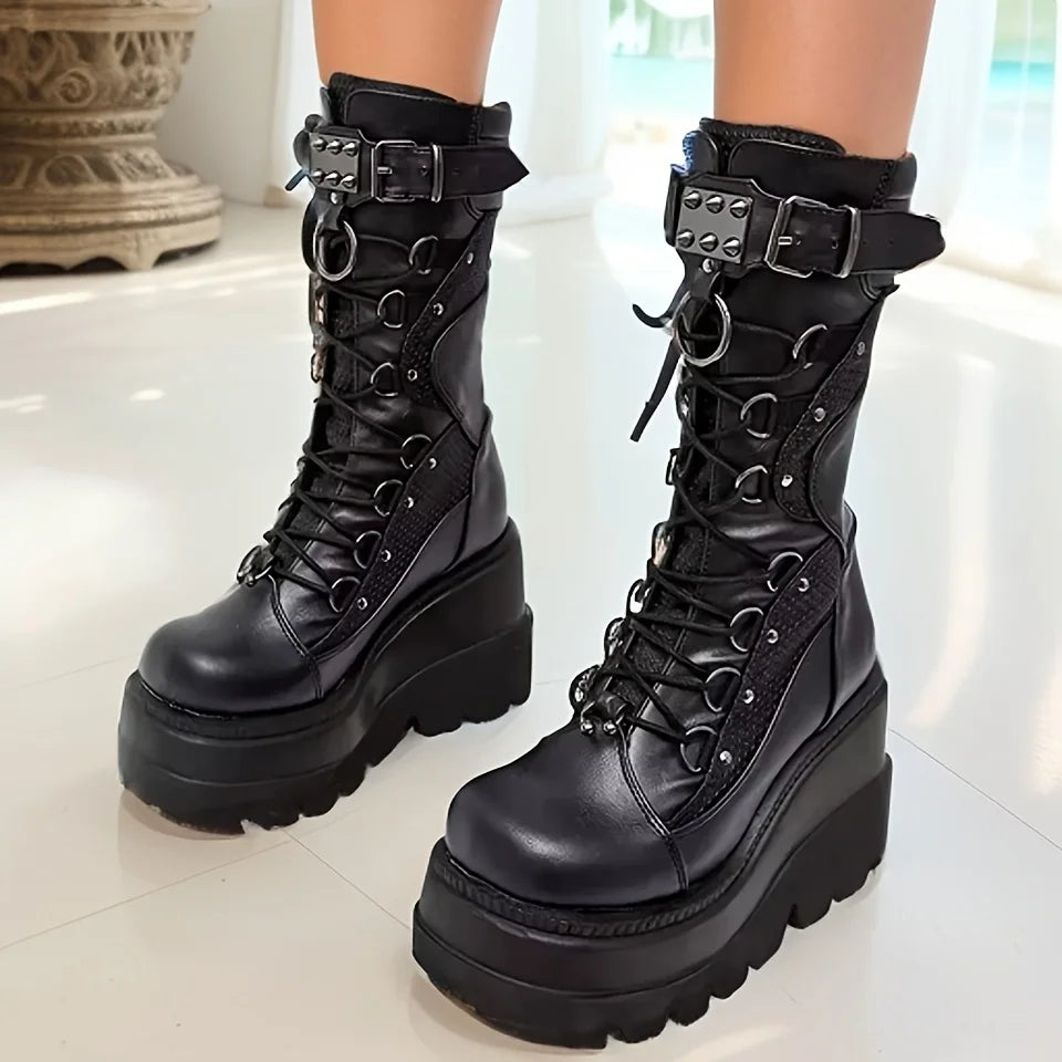 Brand New Goth Platform Rivet Punk Wedge Boot