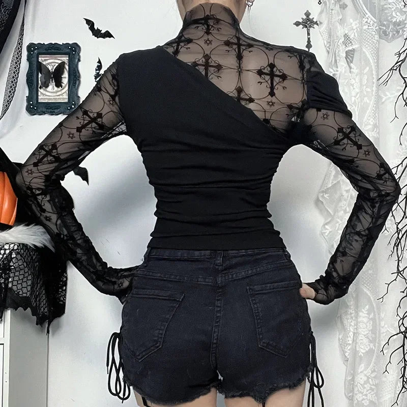 Dark Gothic Mesh Patchwork Blouse