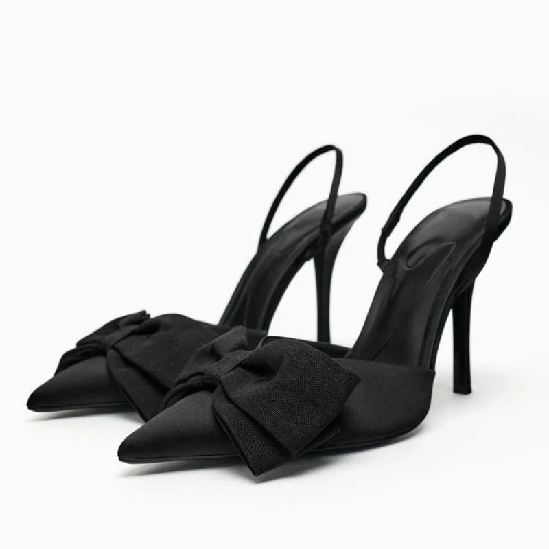 Black Bow Gothic Slingbacks Pointed High Heel