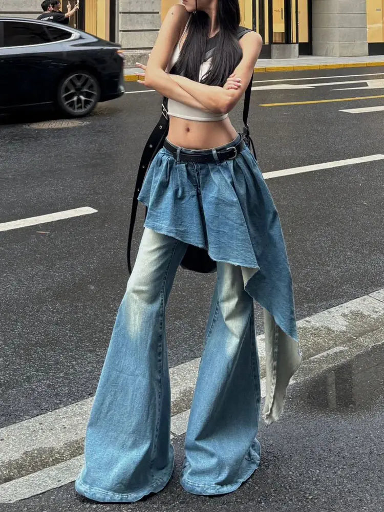 Washed Gothic Splicing Bell-Bottom Pant