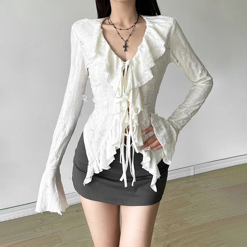 Fairycore Ruffled V-neck Blouse