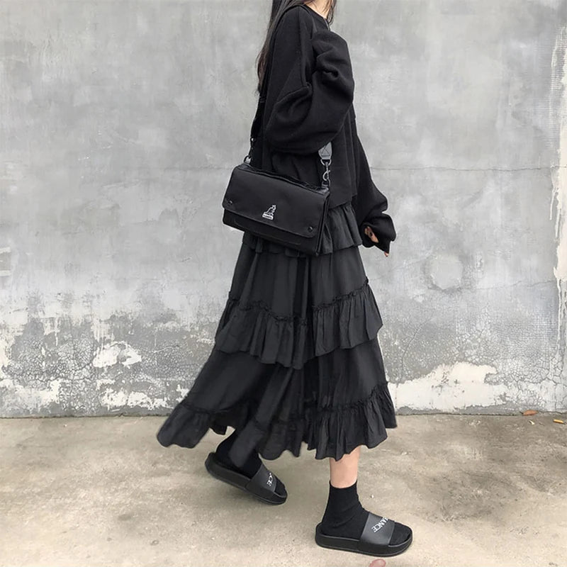 Gothic High Low Ruched Ruffle Skirt