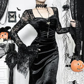 Lace Mesh High Slit Flared Maxi Dress