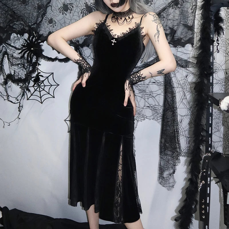Backless Velvet Lace Patchwork Midi Dress