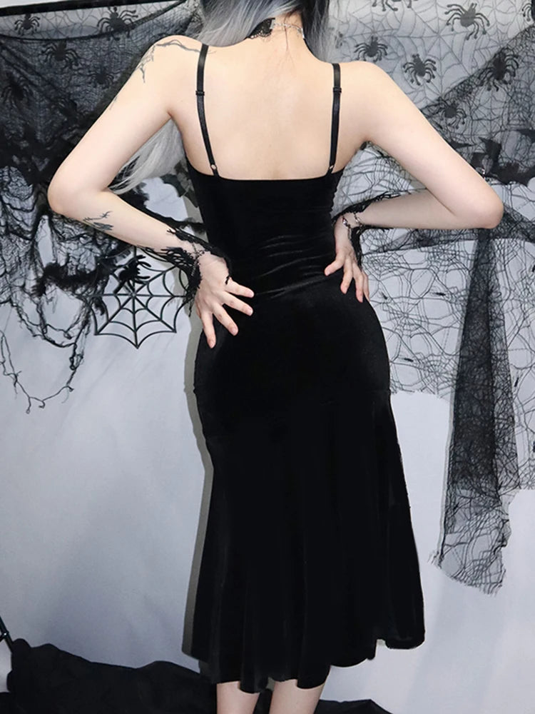Backless Velvet Lace Patchwork Midi Dress