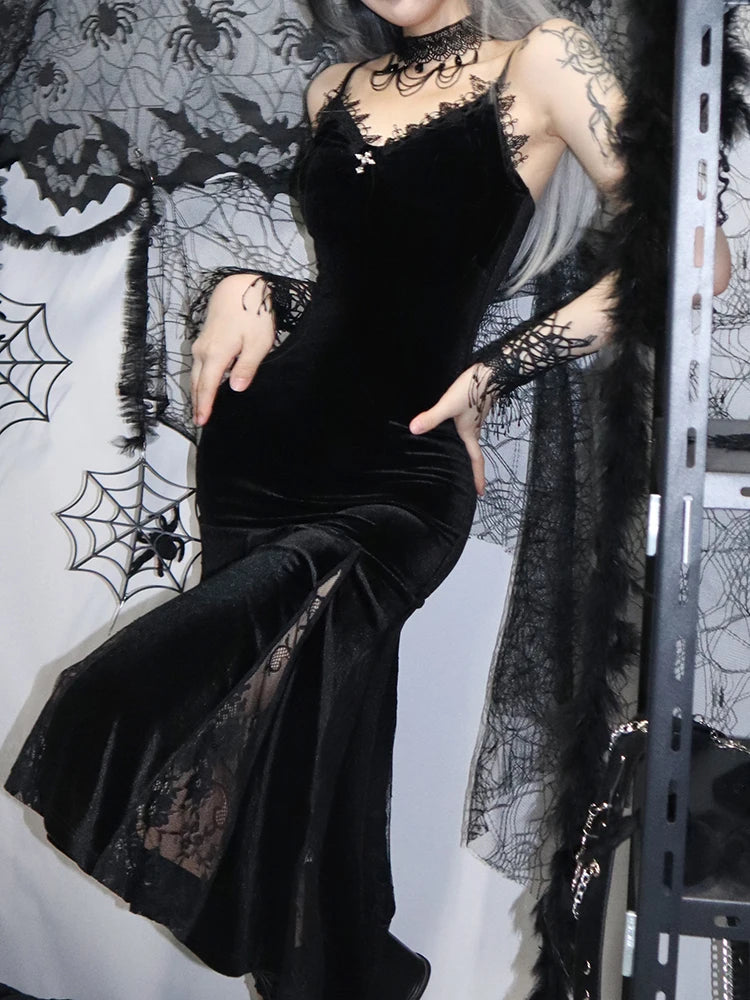 Backless Velvet Lace Patchwork Midi Dress