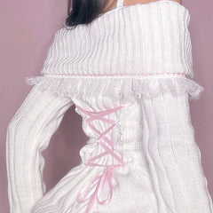 Y2k Cable Knit Ribbon Tie-up Off-shoulder Knit Top