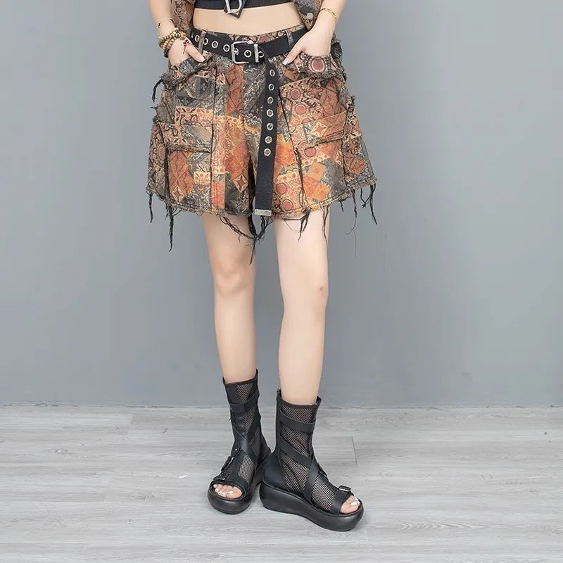 Distressed Printed Denim Short