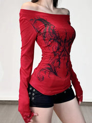 Vintage Gothic Off-shoulder Red Long-sleeve Knit Top