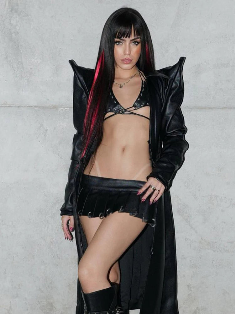 Solid PU Leather A-line Skirt