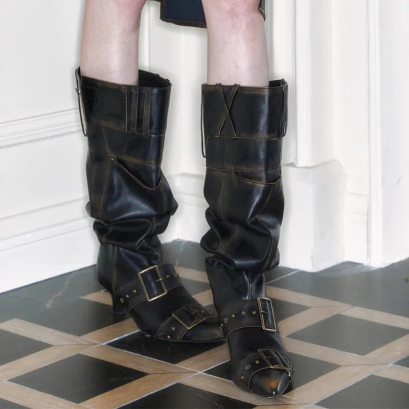 Pointed Toe Metal Rivet Gothic Knee-High Boot