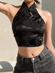 Jacquard Black Halter Lace-Up Bow Crop Top