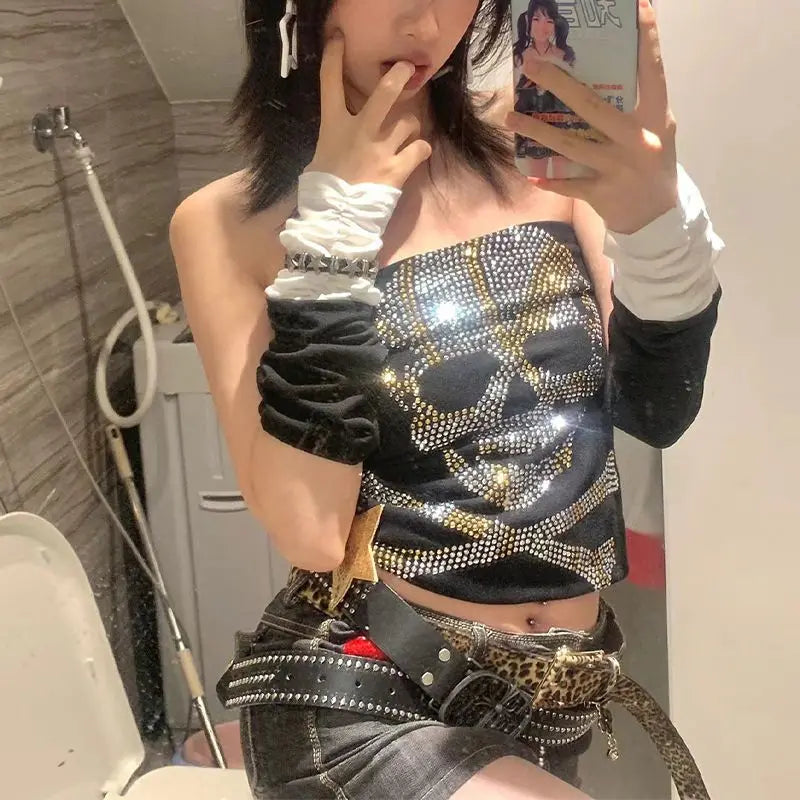 Punk Rhinestone Sleeveless Cotton T-shirt