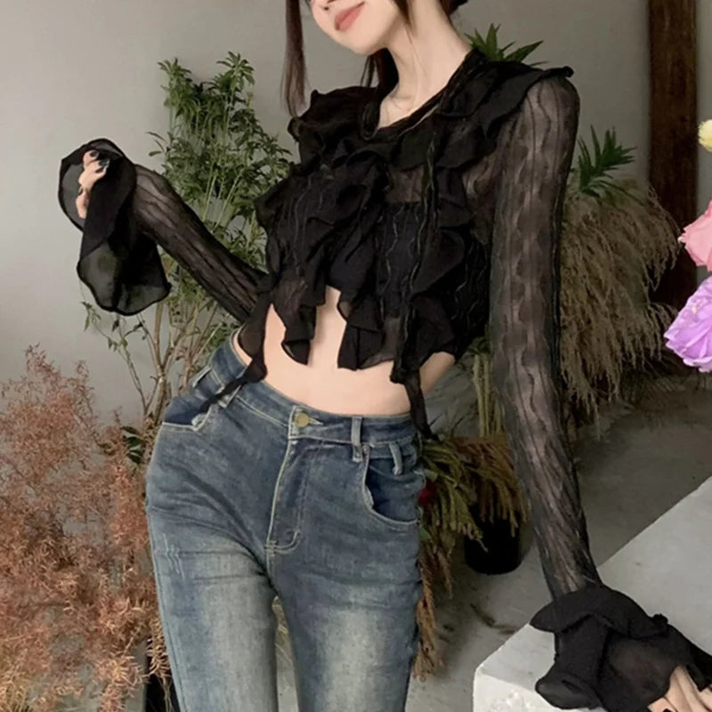 Sheer V-neck Flared Sleeve Blouse