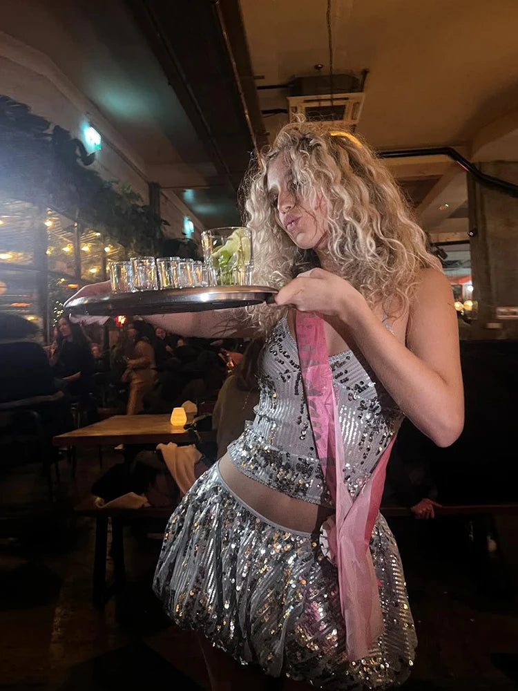 Sequins Glitter Y2K Camisole Puffy Skirt Crop Top