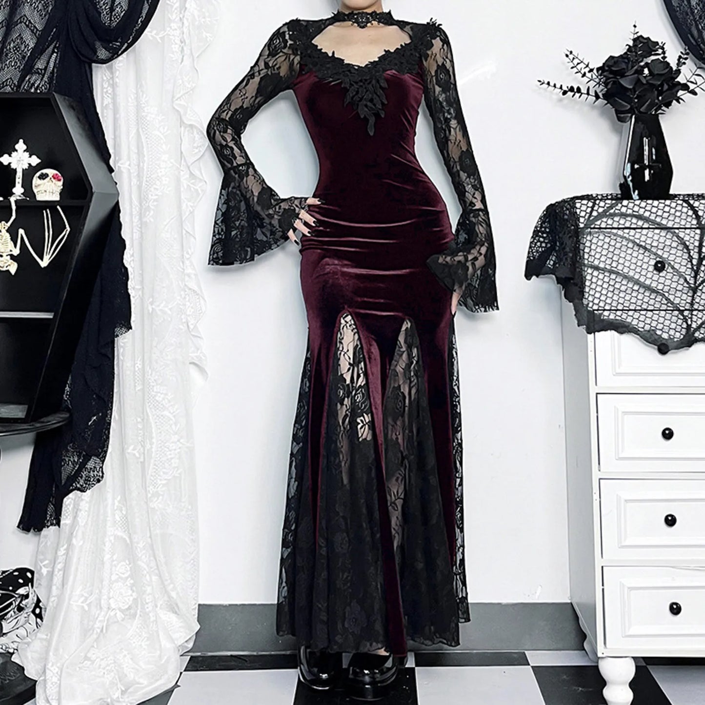 Lace Mesh Velvet Hollow Out Maxi Dress