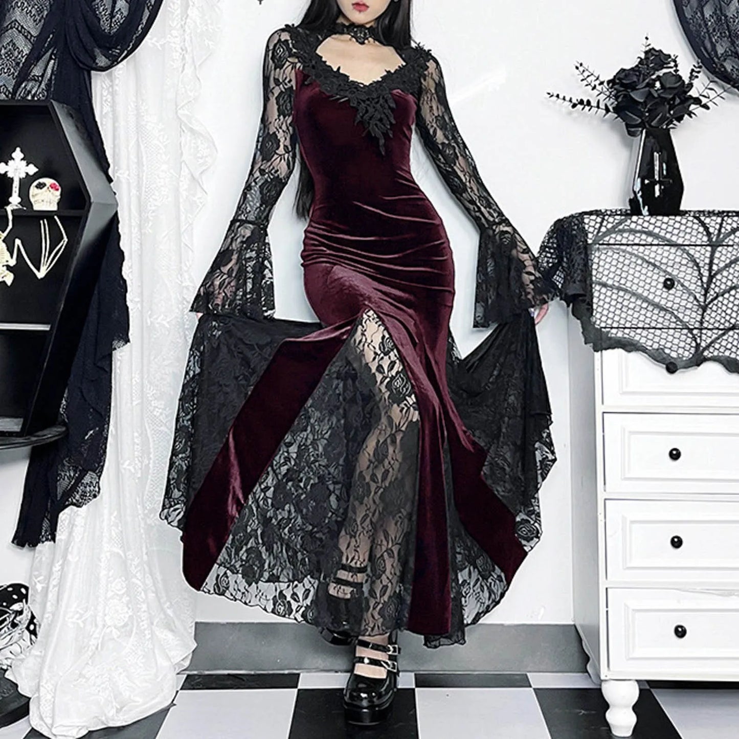 Lace Mesh Velvet Hollow Out Maxi Dress