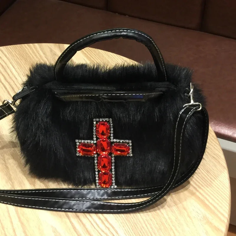 Y2K Gothic Soft Plush Black Cross Applique Harajuku Punk Hip Hop Shoulder Bag Halloween