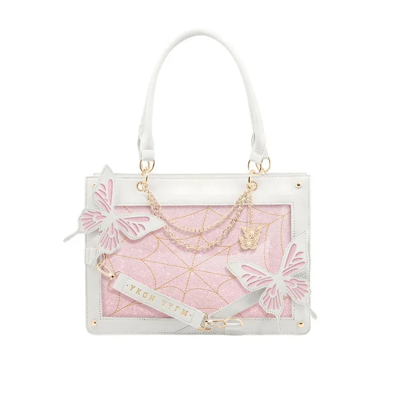 Y2K Labyrinth Butterfly Spider Web Chain Diy Transparent Lolita Gothic Bag White Pink Halloween