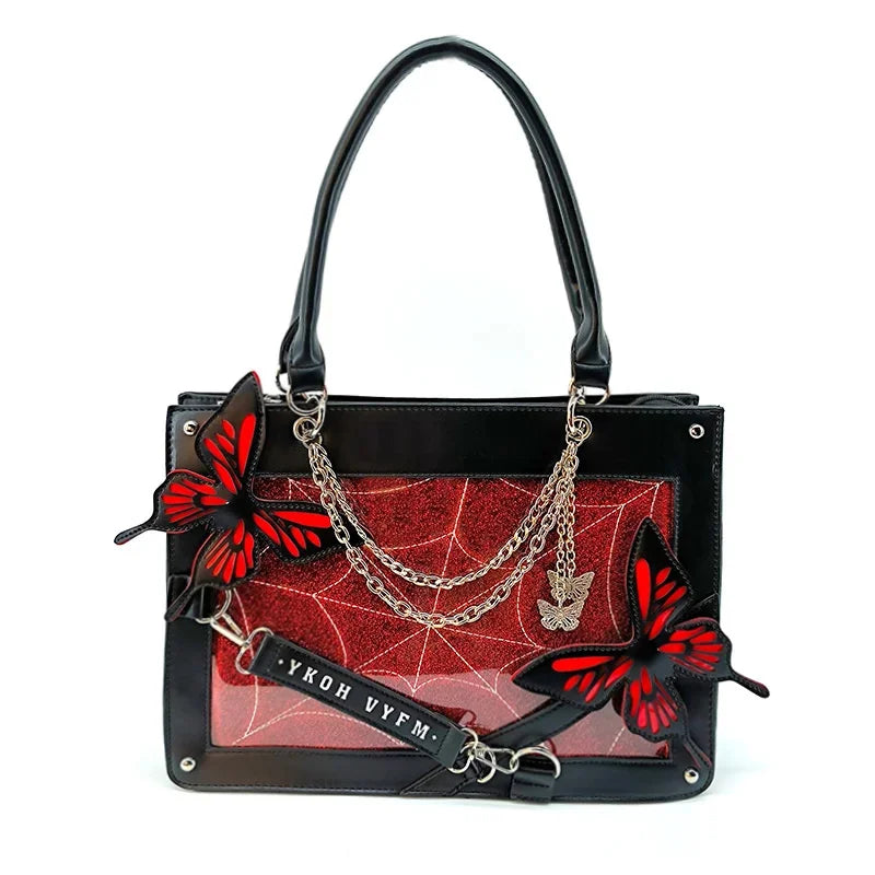 Y2K Labyrinth Butterfly Spider Web Chain Diy Transparent Lolita Gothic Bag Black Red Halloween