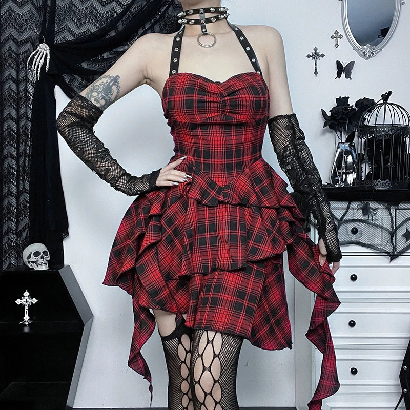 Red Plaid Halter Mini Dress