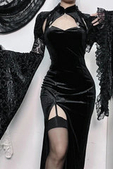 Halloween Gothic Vintage Velvet Spider Web Flare Sleeve Maxi Dress