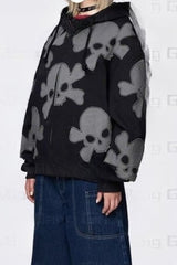 Dark Skull Print Y2K Zip-Up Hoodie