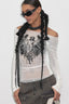 Mesh Knit Patchwork Off Shoulder Printed Mesh Top