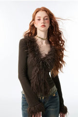 Lace Up V Neck Furry Plush Knit Top