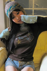 Y2k Grunge Patchwork Diamond Print Turtleneck Knit Top